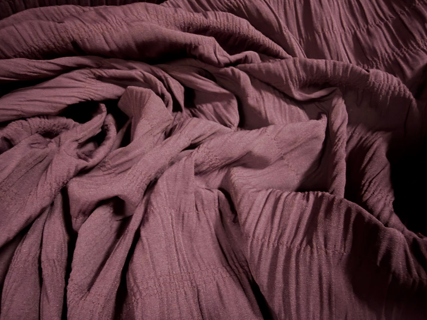 Ruched cotton bambula plain weave dress fabric, per metre - aubergine