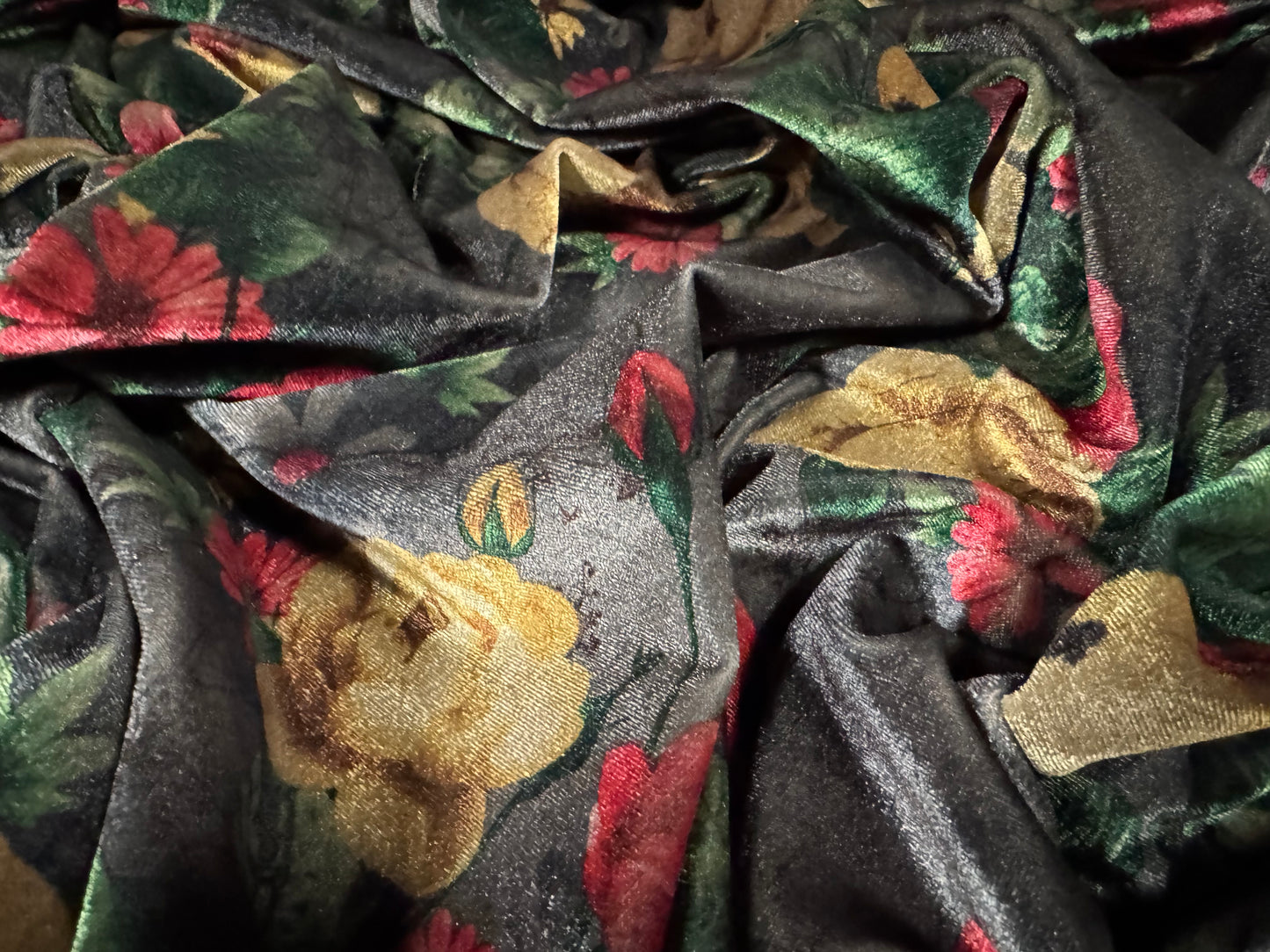 Spandex velvet stretch dress fabric, per metre - roses print - dark grey gold & red