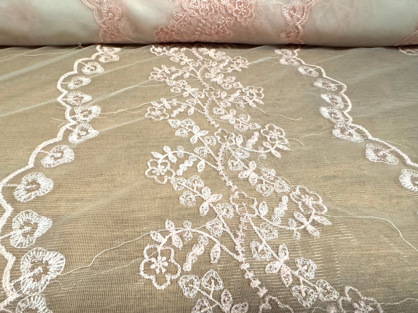 Embroidered tulle mesh net fabric, per metre - floral stripe - blush