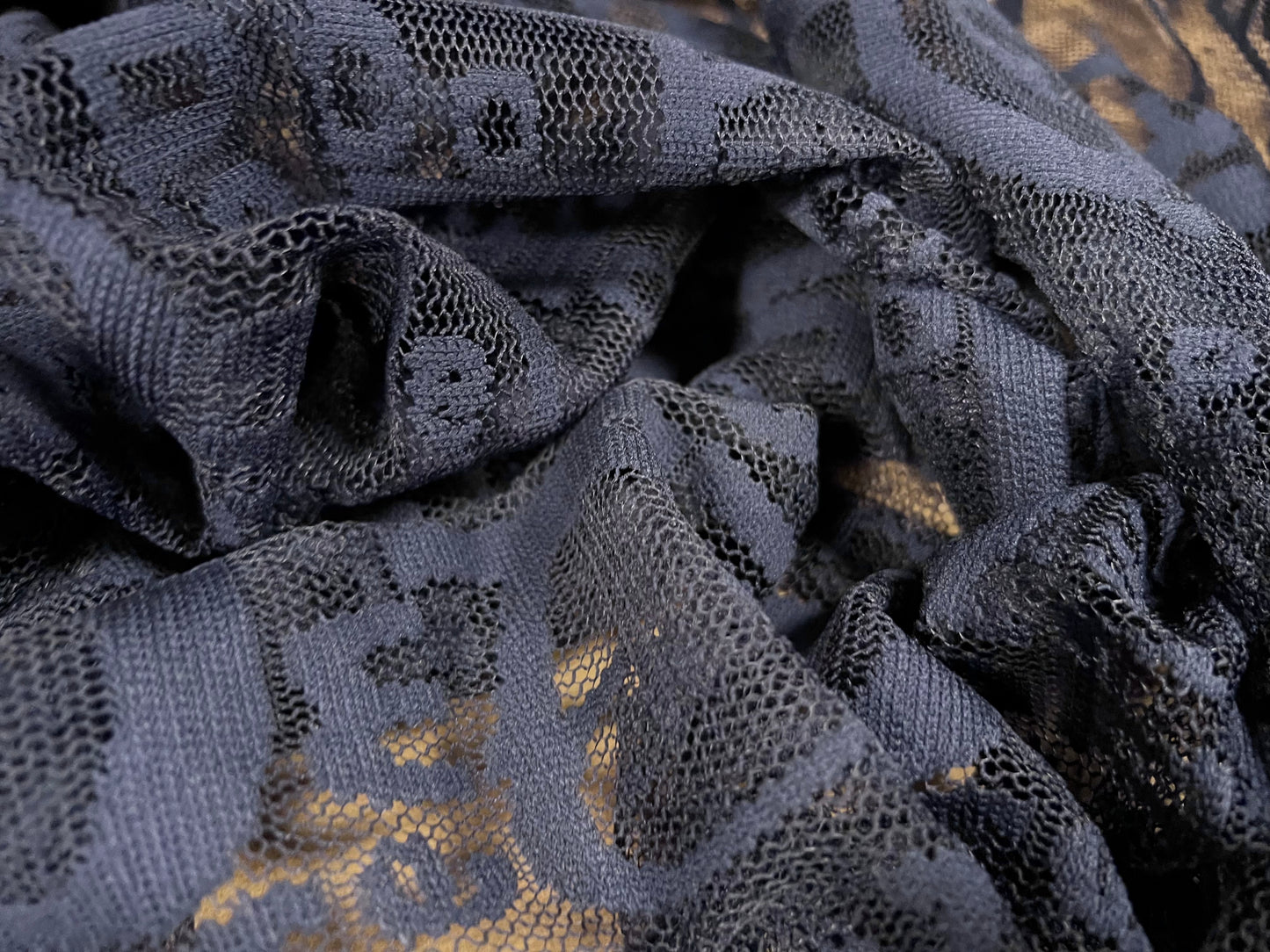 Burnout lace mesh net fabric, per metre - letters & symbols design - navy blue