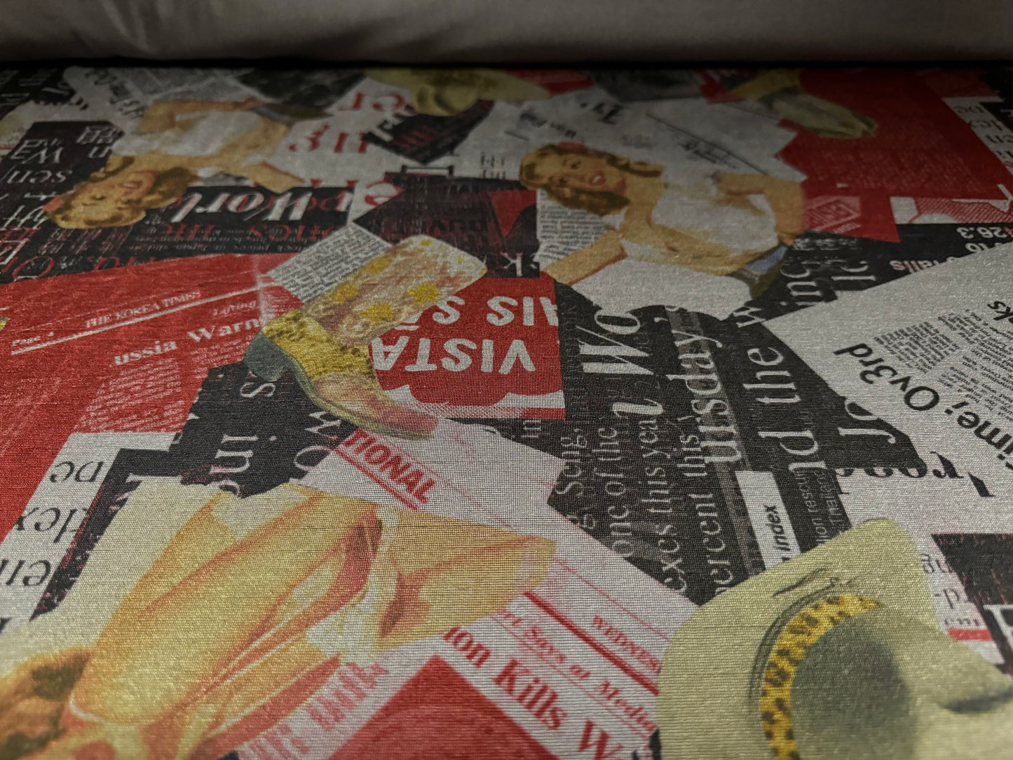 Finely textured stretch single jersey fashion fabric, per metre - Marilyn Monroe Hollywood Headlines print - grey & red