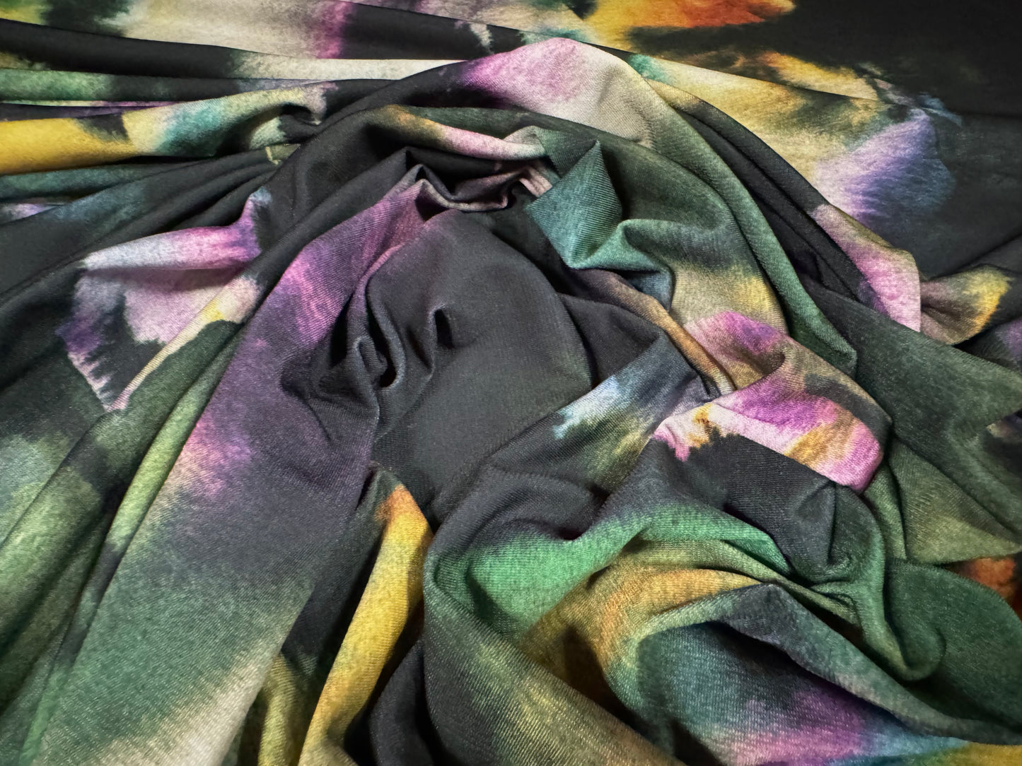 ITY stretch spandex single jersey fabric, per metre - abstract print - darkest green & purple