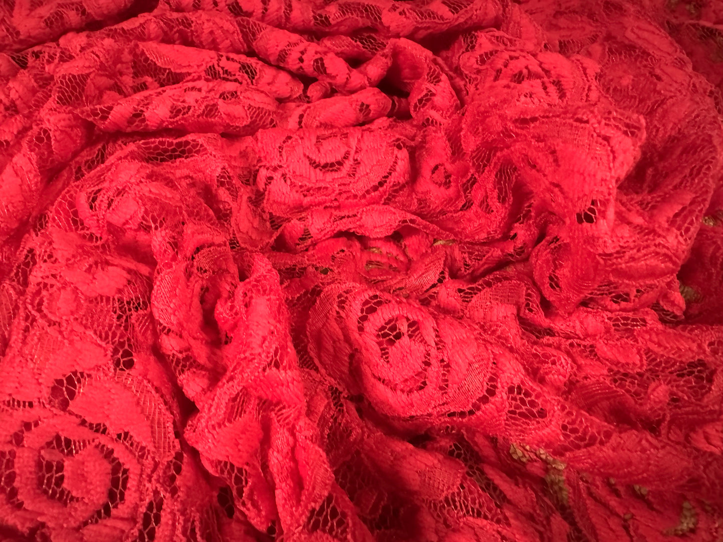 Stretch lace dress fabric, per metre - rambling rose floral design - red