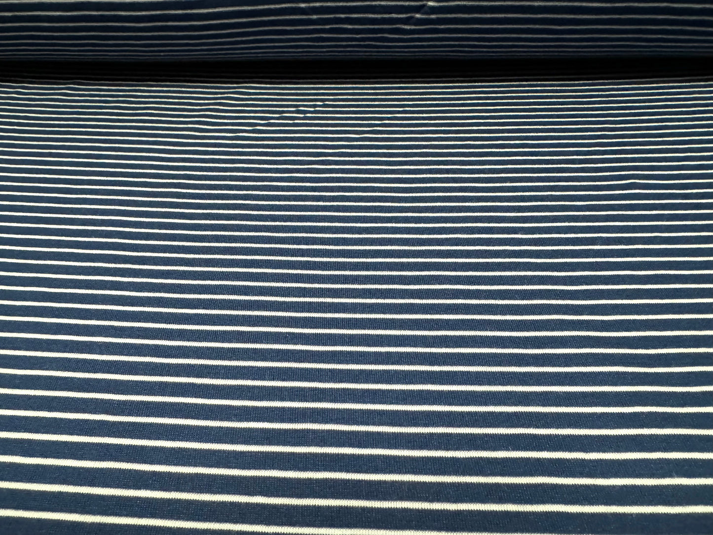 Viscose spandex stretch single jersey fabric, per metre - stripe - denim blue & white