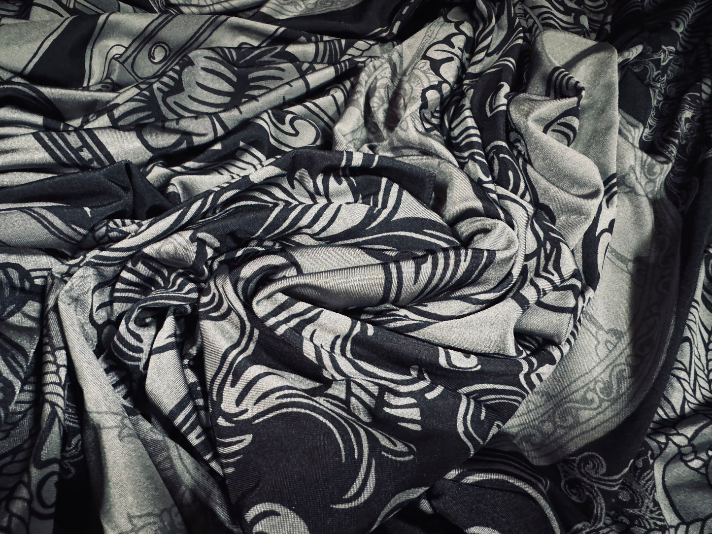 Soft touch stretch spandex single jersey fabric, per metre - buckles chains & paisley print - grey