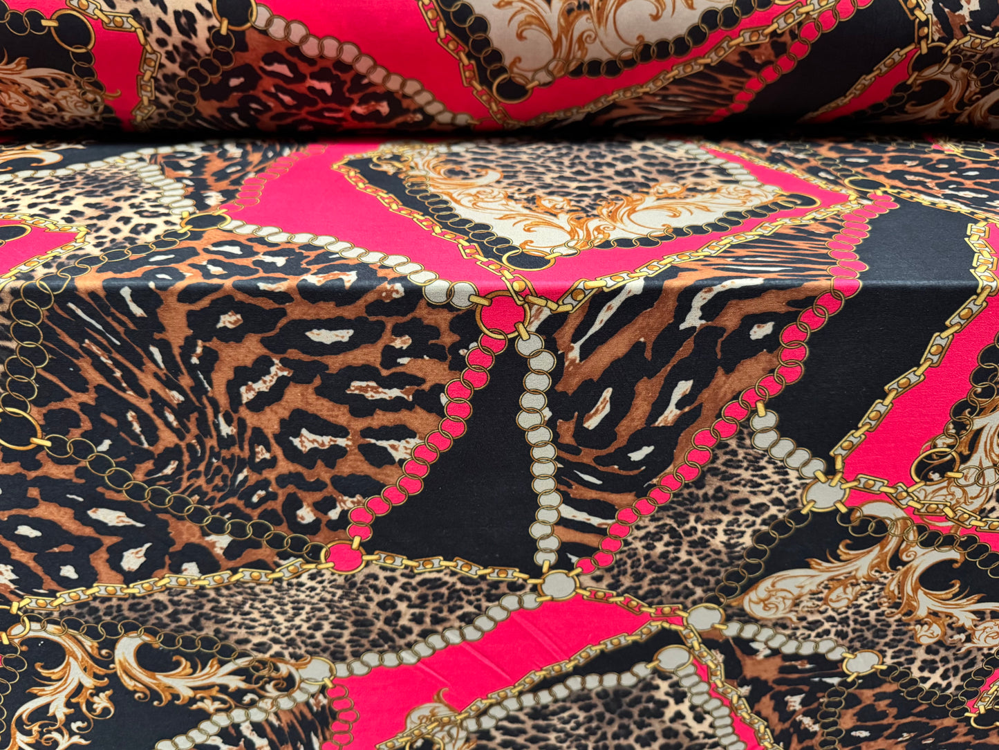 Soft touch stretch spandex single jersey fabric, per metre - leopard and chains print - black gold & pink