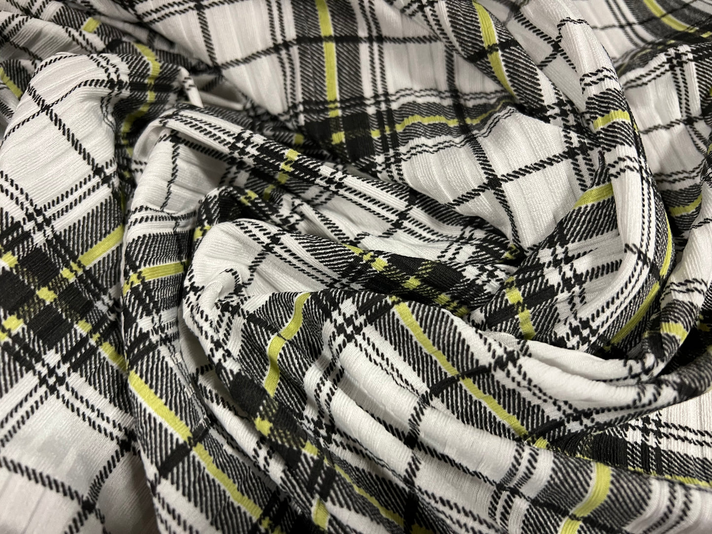 Stretch Spandex rib jersey fabric, per metre - check print - white charcoal & lime
