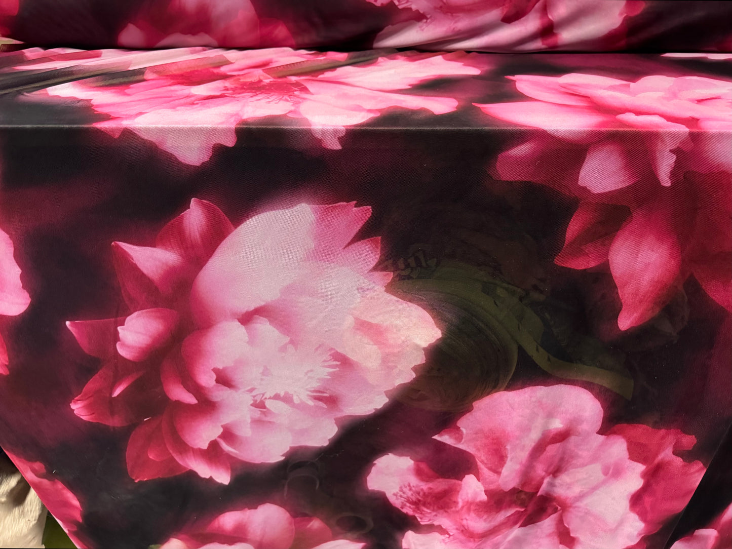 Power mesh net stretch spandex fabric, per metre - peony floral print - black & pink