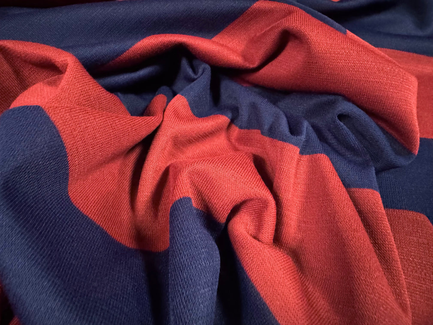 Knitwear jersey fabric, per metre - Rugby stripe - navy & claret