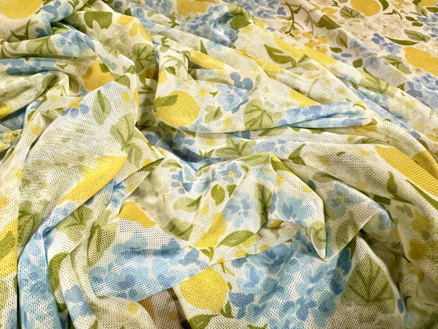 Power mesh net stretch spandex fabric, per metre - lemons and flowers print - yellow & blue