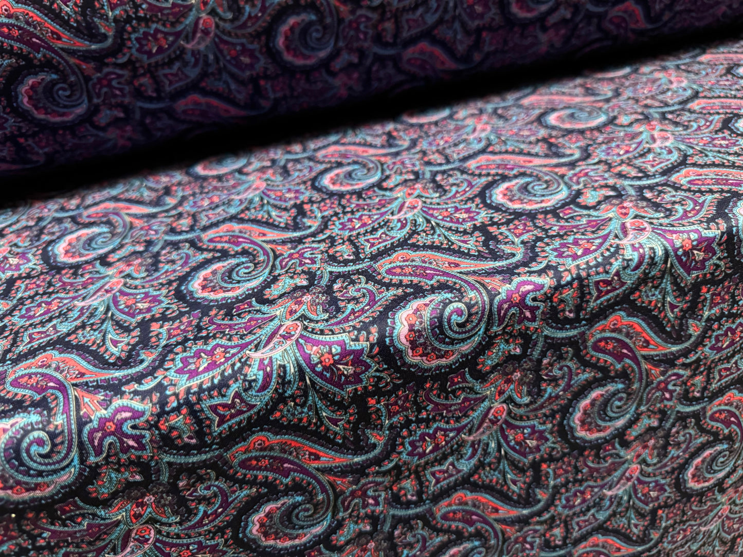 Scuba stretch spandex double jersey dress fabric, per metre - paisley print - navy blue & pink