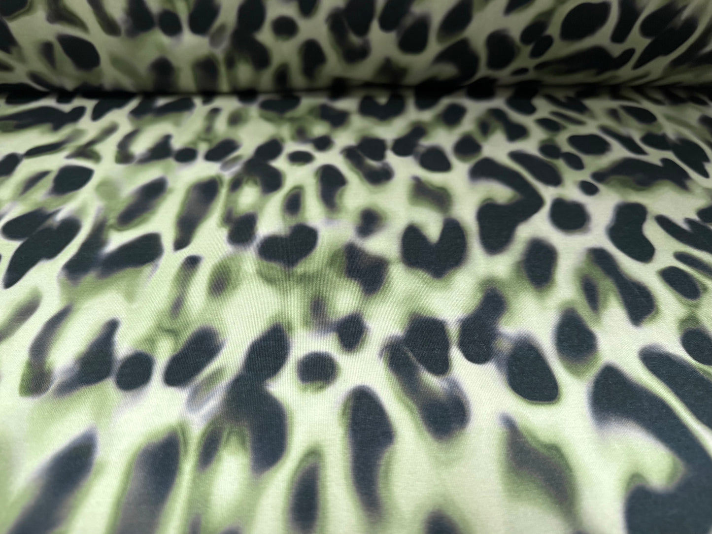 Stretch spandex interlock jersey fabric, per metre - leopard smudge print - sage green