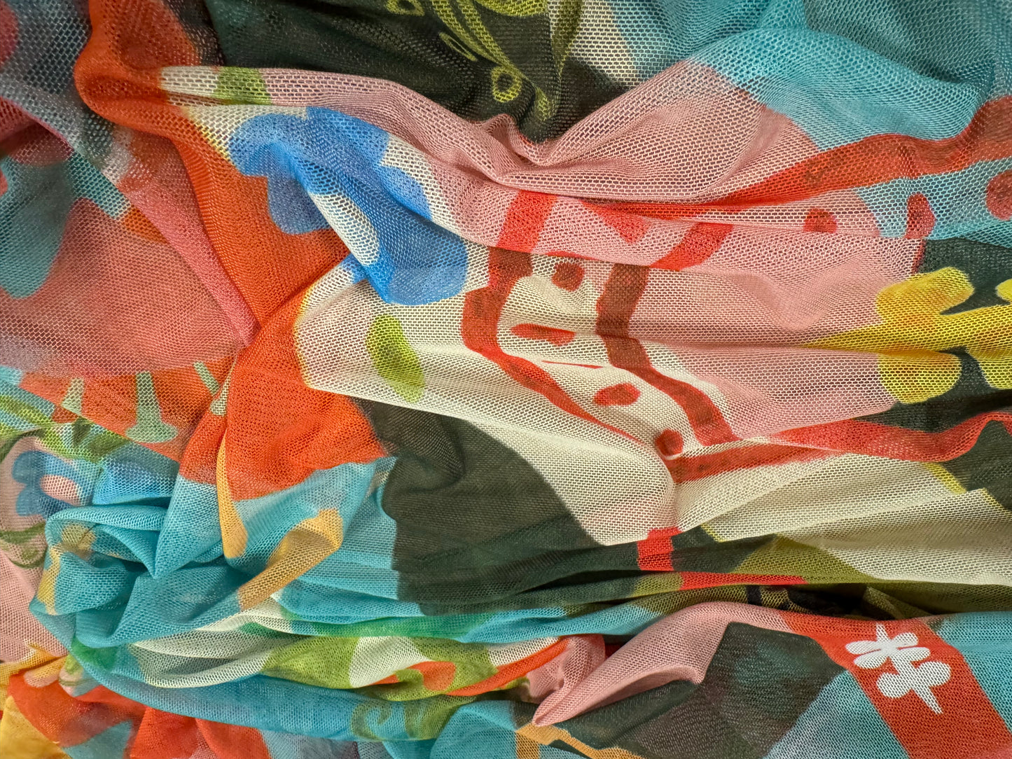 Power mesh net stretch spandex fabric, per metre - love, hope & sunshine print - multicolour