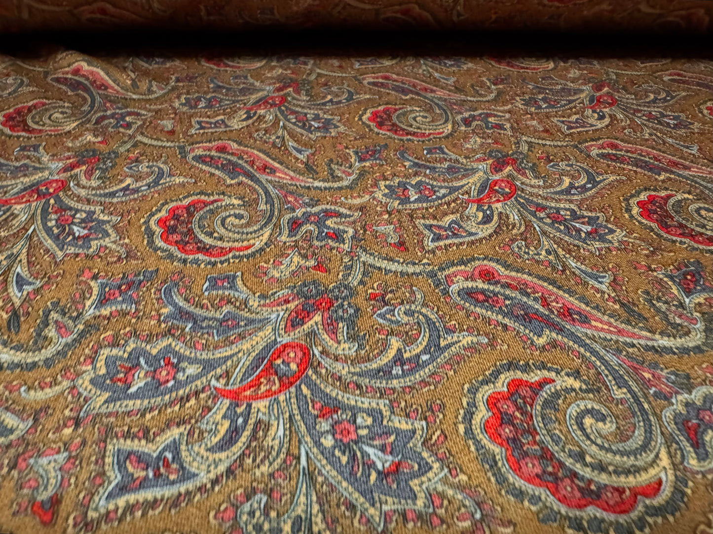Stretch spandex crepe single jersey dress fabric, per metre - paisley print - brown & red