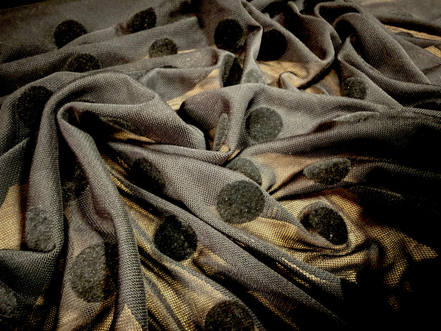 Power mesh net stretch spandex fabric, per metre - Polka dot flock print - black on black (Copy)