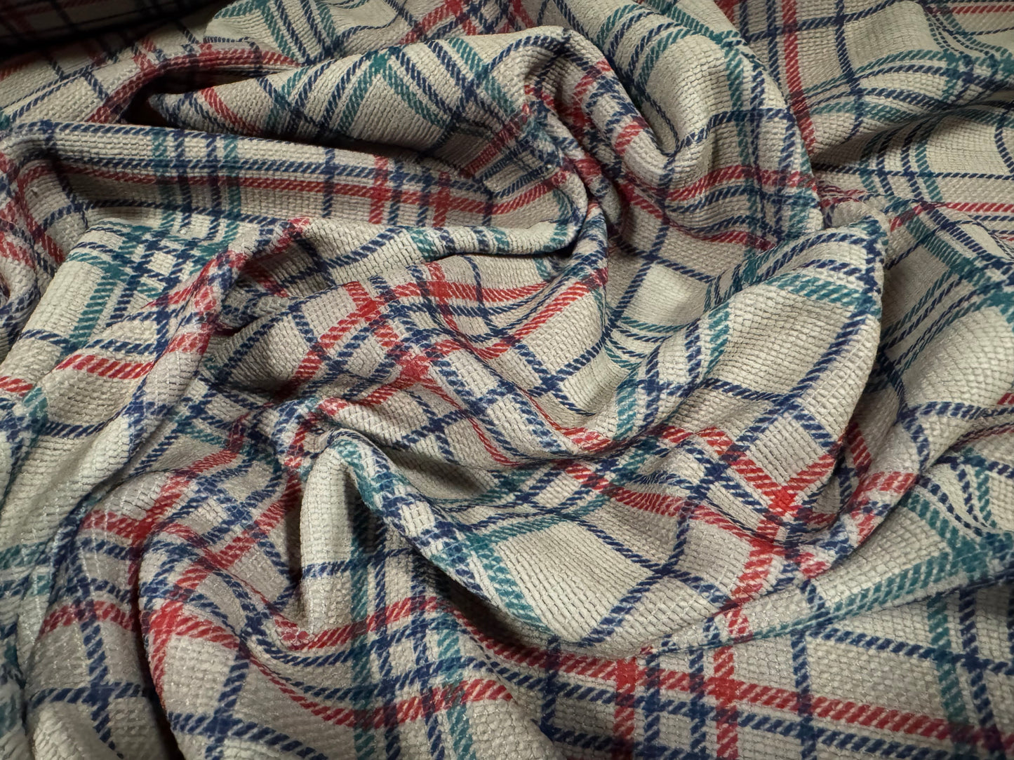 Chenille upholstery fabric, per metre - plaid check print - stone red & emerald