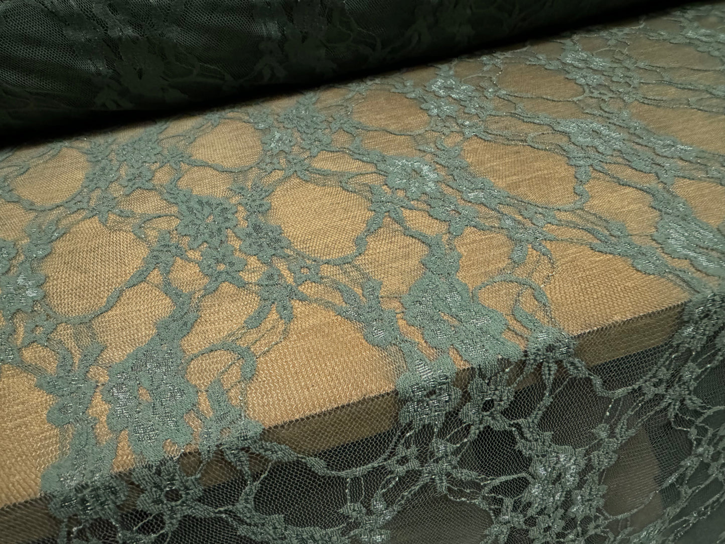 Stretch spandex mesh lace net fabric, per metre - floral pattern - Xanadu grey-green