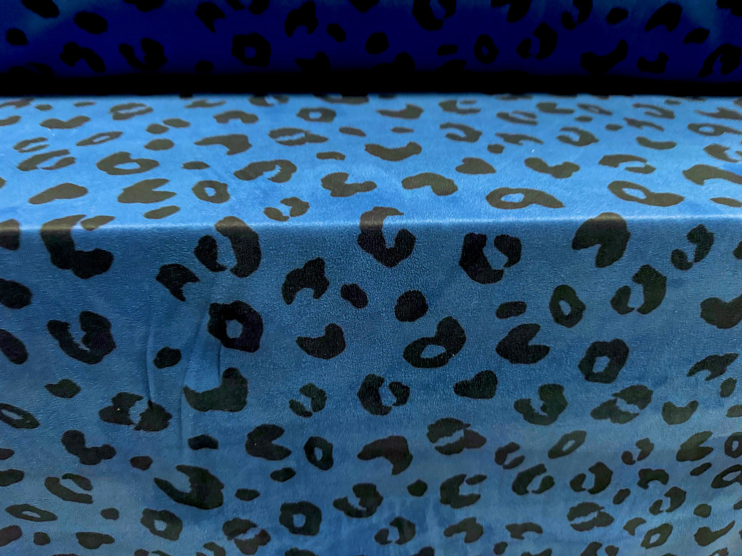 Scuba suede stretch spandex double jersey fabric, per metre - cheetah animal print - cobalt blue