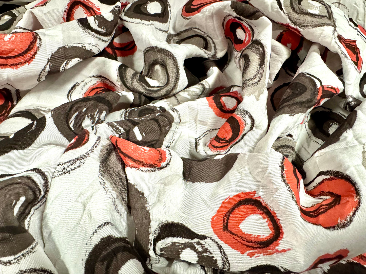 Woven crush dress fabric, per metre - artistic circles print - ivory grey & orange
