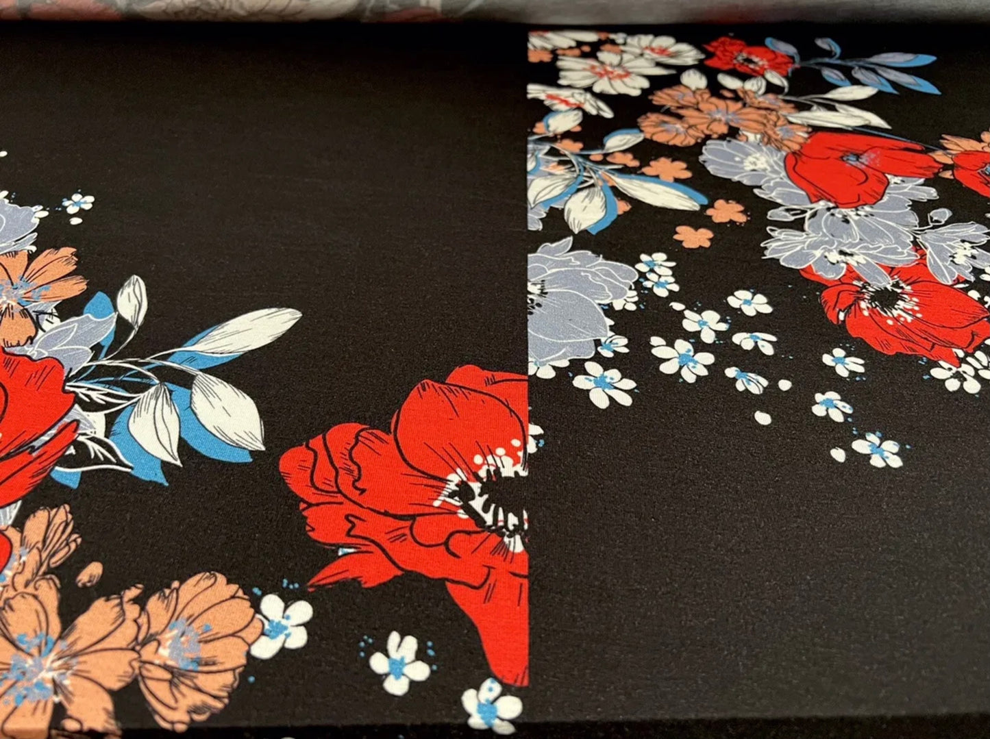 Soft handle single jersey fabric, per metre - floral panels print - black & red