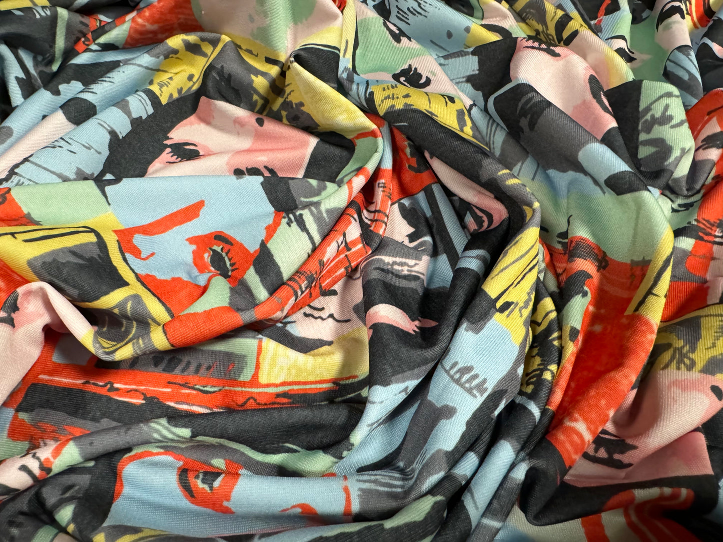 Stretch spandex single jersey fashion fabric, per metre - portraits of women print - multicolour