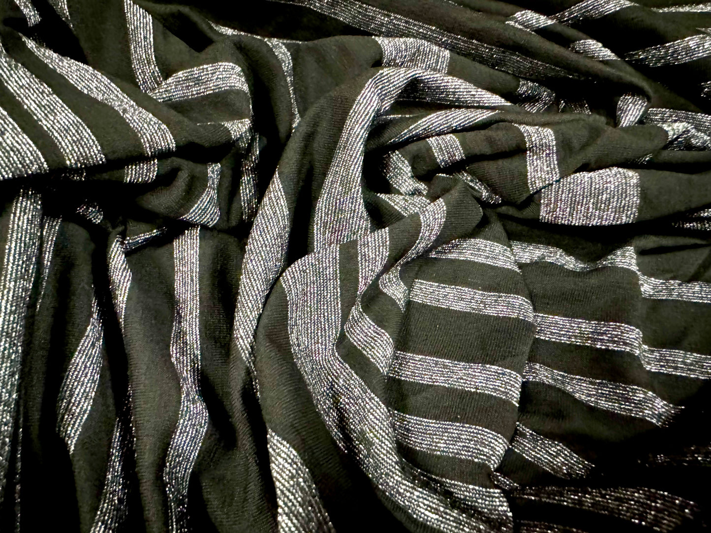 Metallic stretch single jersey fashion fabric, per metre - striped - black with grey lurex