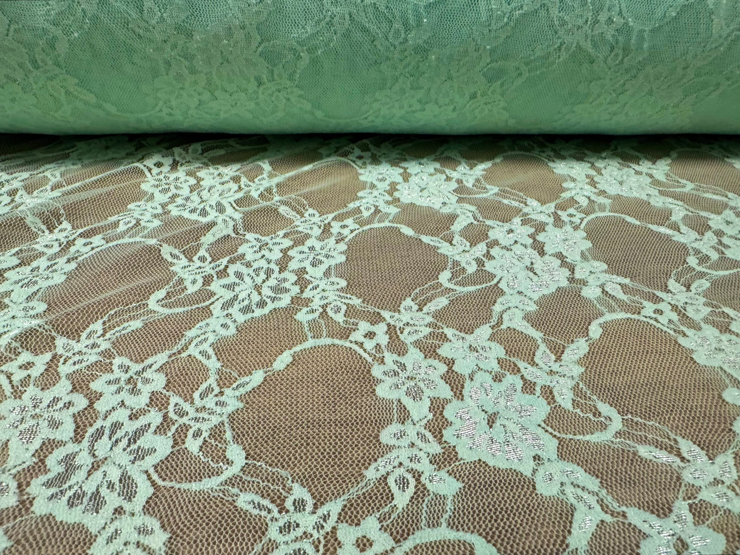 Stretch spandex mesh lace net fabric, per metre - flower design - aqua