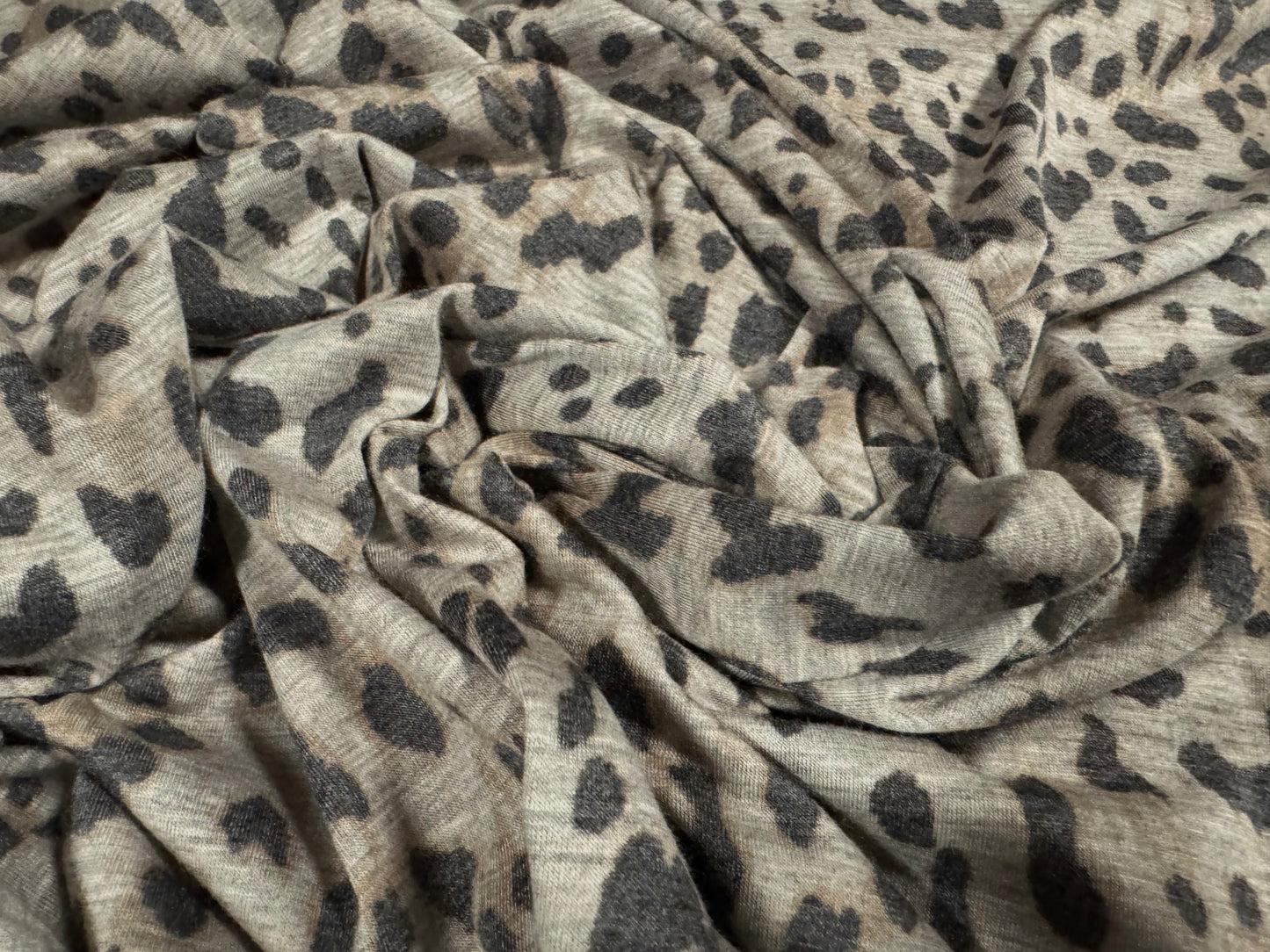 Stretch spandex melange jersey fabric, per metre - leopard print - grey & tan
