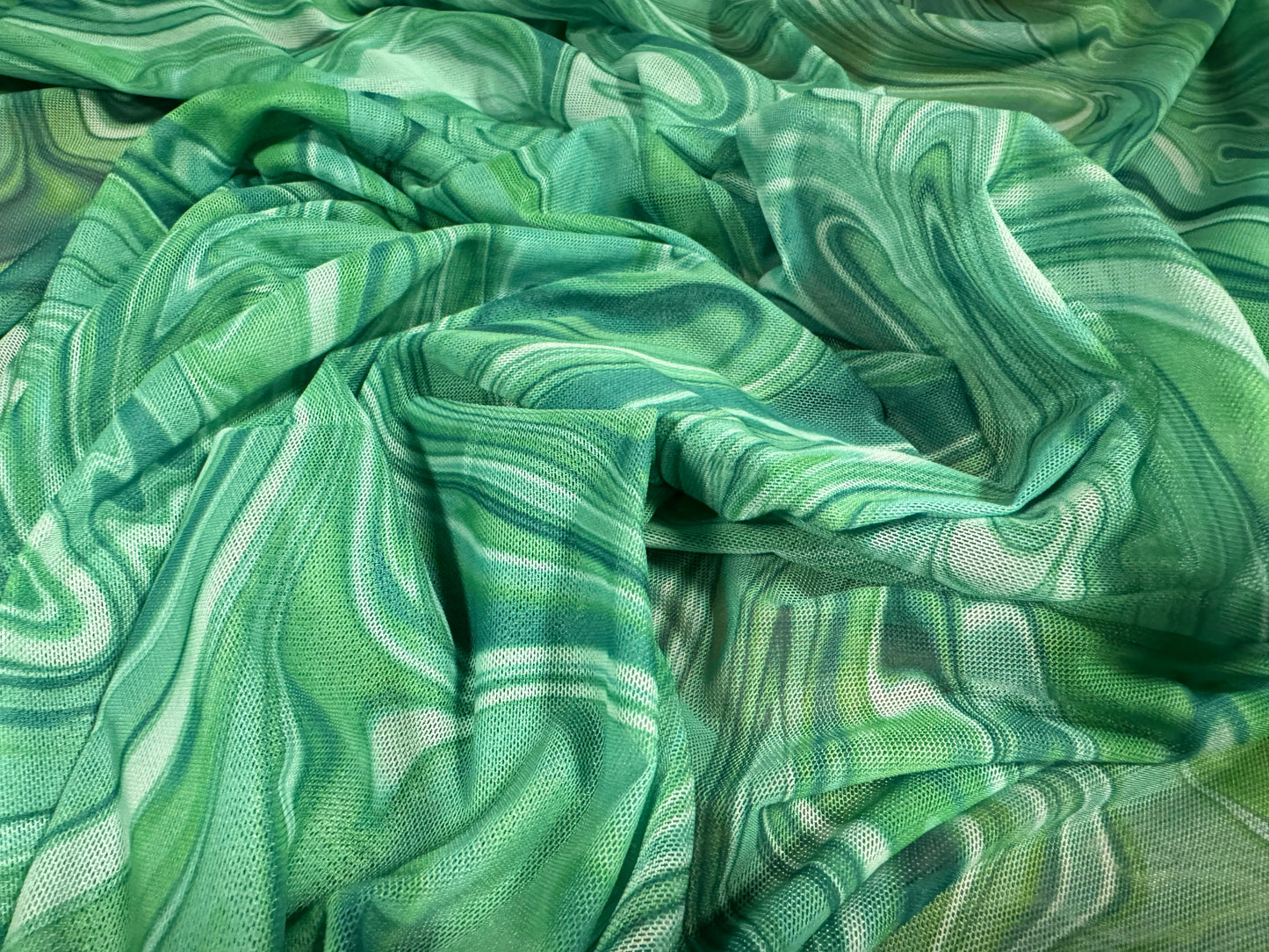 Power mesh net stretch spandex fabric, per metre - retro swirl print - mint green