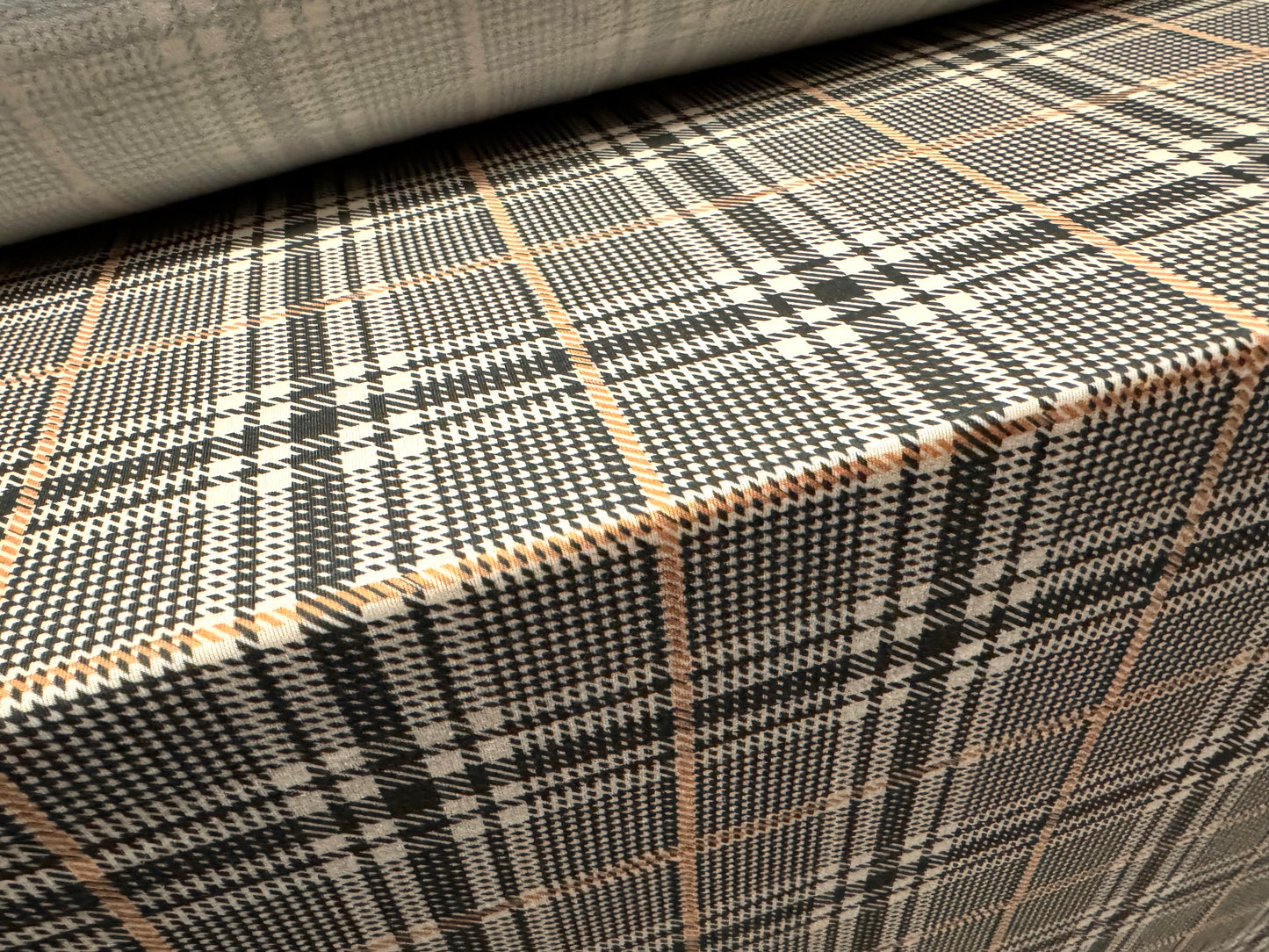 Soft handle stretch single jersey fashion fabric, per metre - puppytooth check print - cream grey & tan