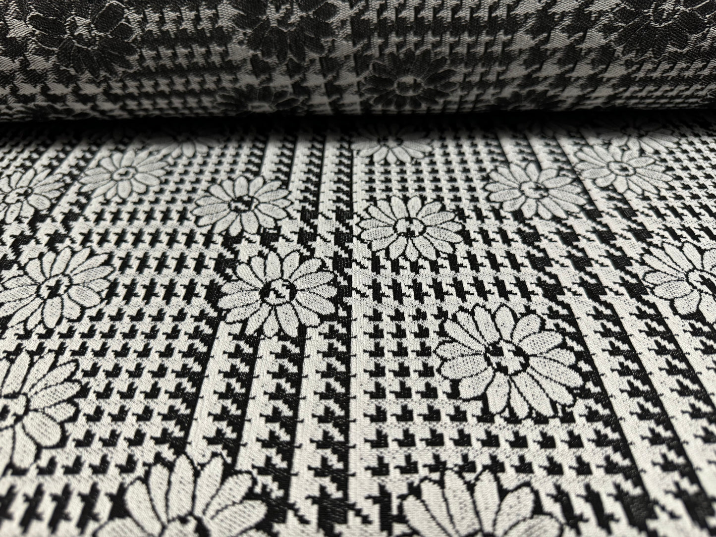 Double jersey stretch spandex dress fabric, per metre - daisy check jacquard - monochrome