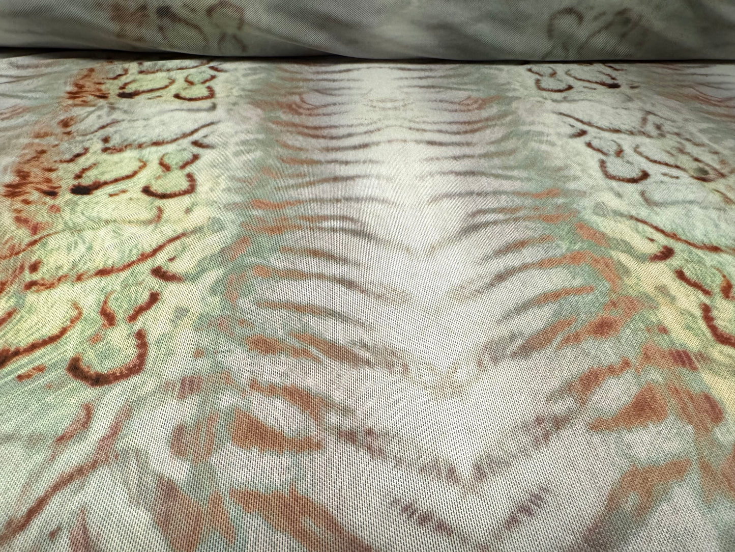 Power mesh net stretch spandex fabric, per metre - snakeskin & tiger illusion print - pastel green & ivory