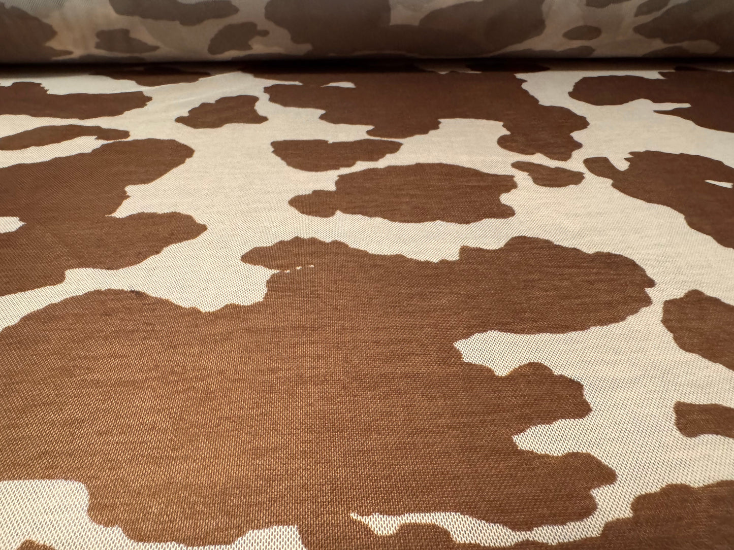 Power mesh net stretch spandex fabric, per metre - cow hide print - brown & beige