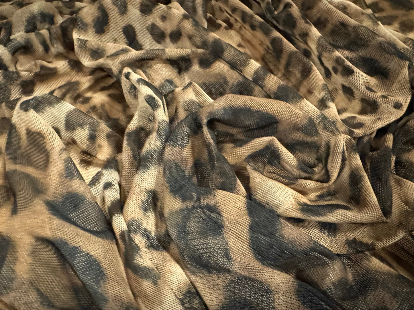 Power mesh net stretch spandex fabric, per metre - jaguar print - gold & beige