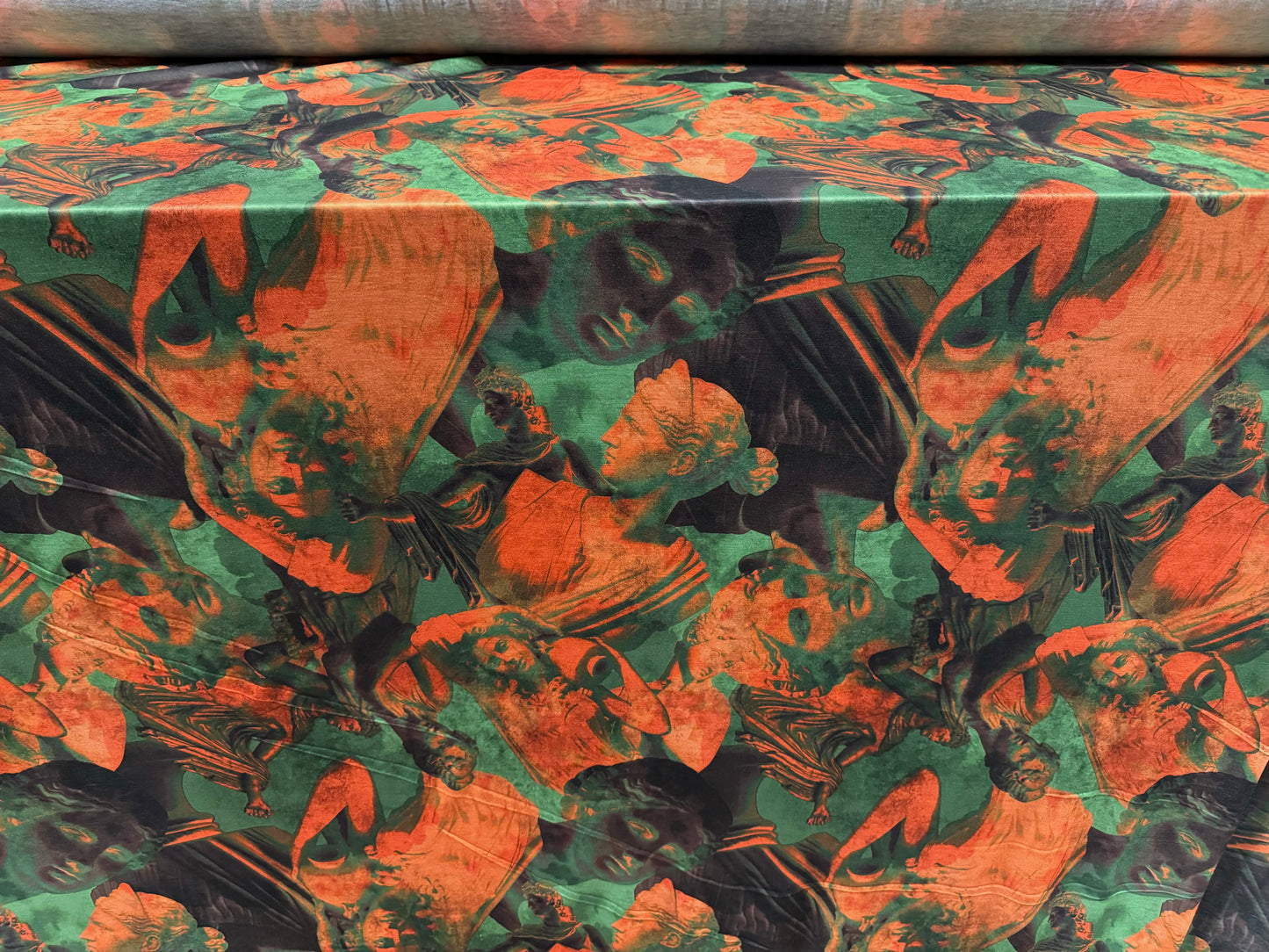 Soft handle stretch single jersey fashion fabric, per metre - Greek Goddess print - orange & green