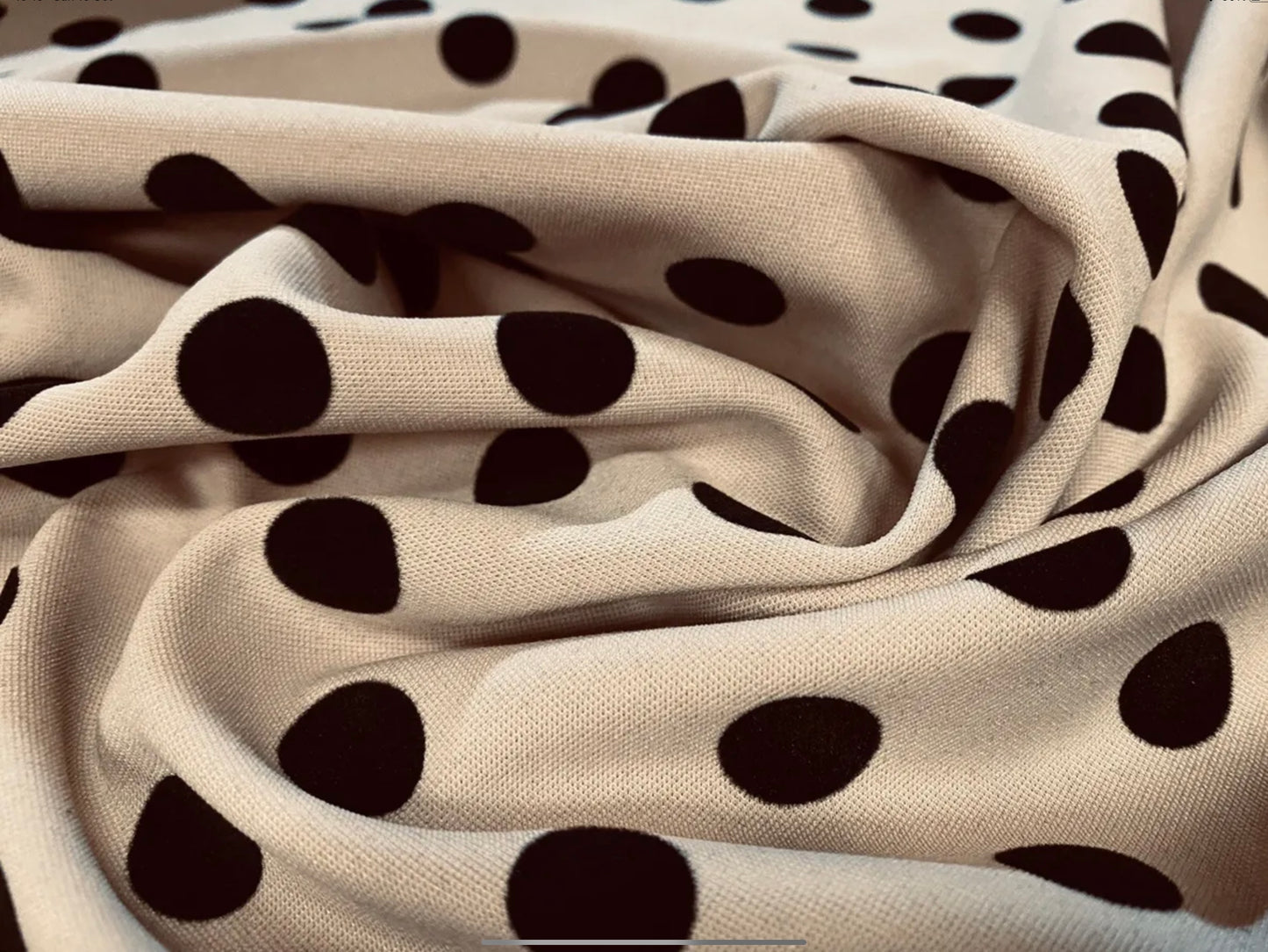 Scuba stretch spandex double jersey dress fabric, per metre - flock polka dot print - skin tone