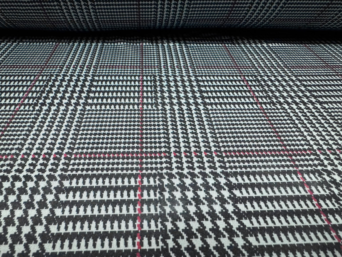 Stretch spandex single jersey fabric, per metre - dogtooth check print - sky blue & black