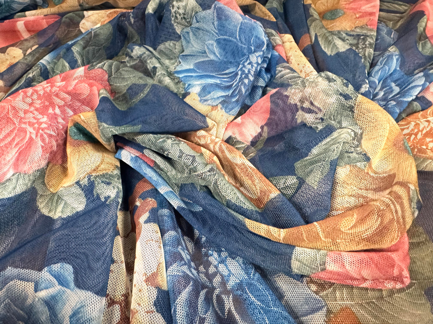 Power mesh net stretch spandex fabric, per metre - carnation bouquet print - blue pink & beige