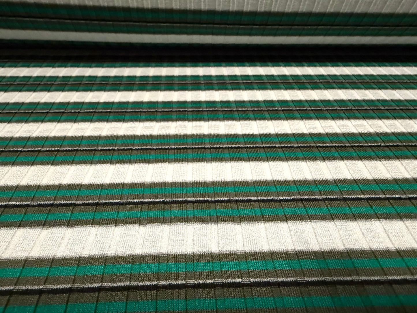 Stretch Spandex rib jersey fabric, per metre - stripe - emerald green khaki & white
