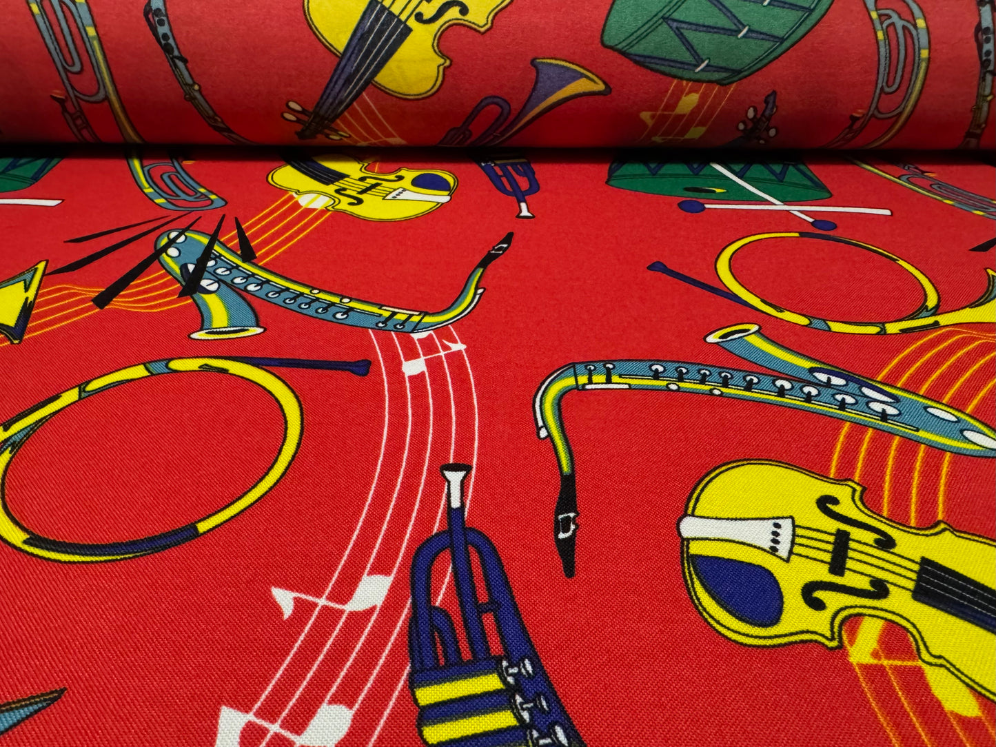 Woven Panama fashion fabric, per metre - musical instruments print - red