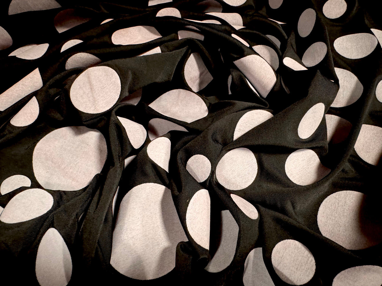 Soft touch stretch spandex single jersey fabric, per metre - spots print - black & lilac