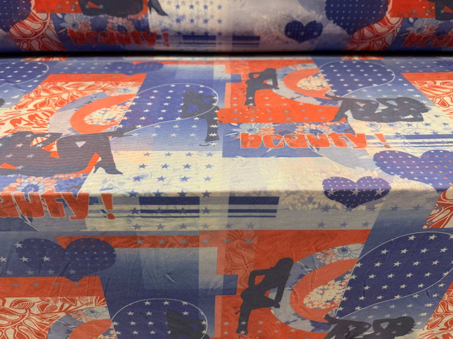 Power mesh net stretch spandex fabric, per metre - American Beauty print - red white & blue
