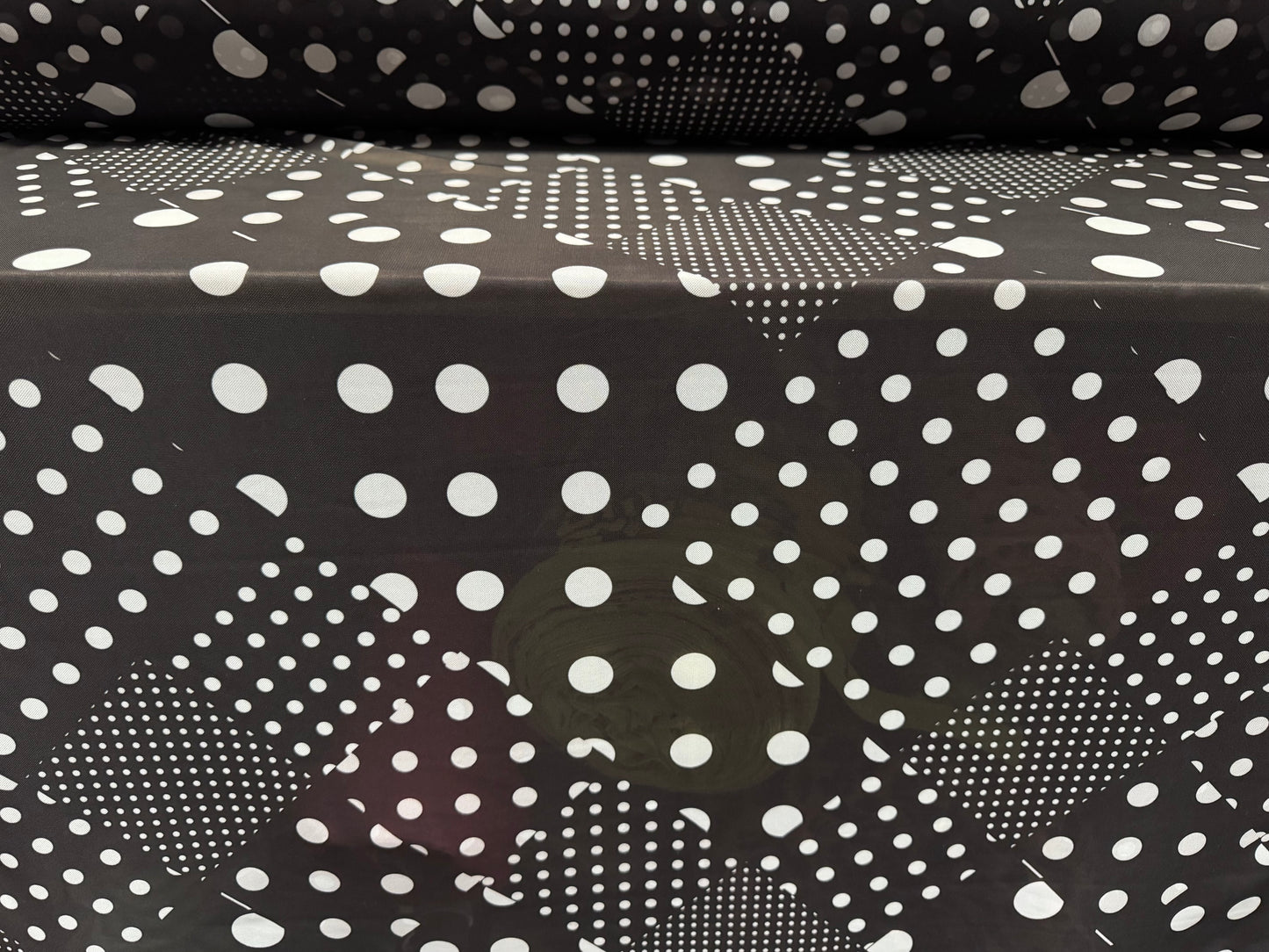 Power mesh net stretch spandex fabric, per metre - polka dot patchwork print - black & white
