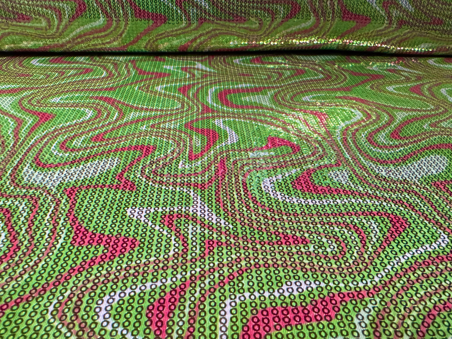 Couture dress fabric with sequins, per metre - swirl design - green & pink