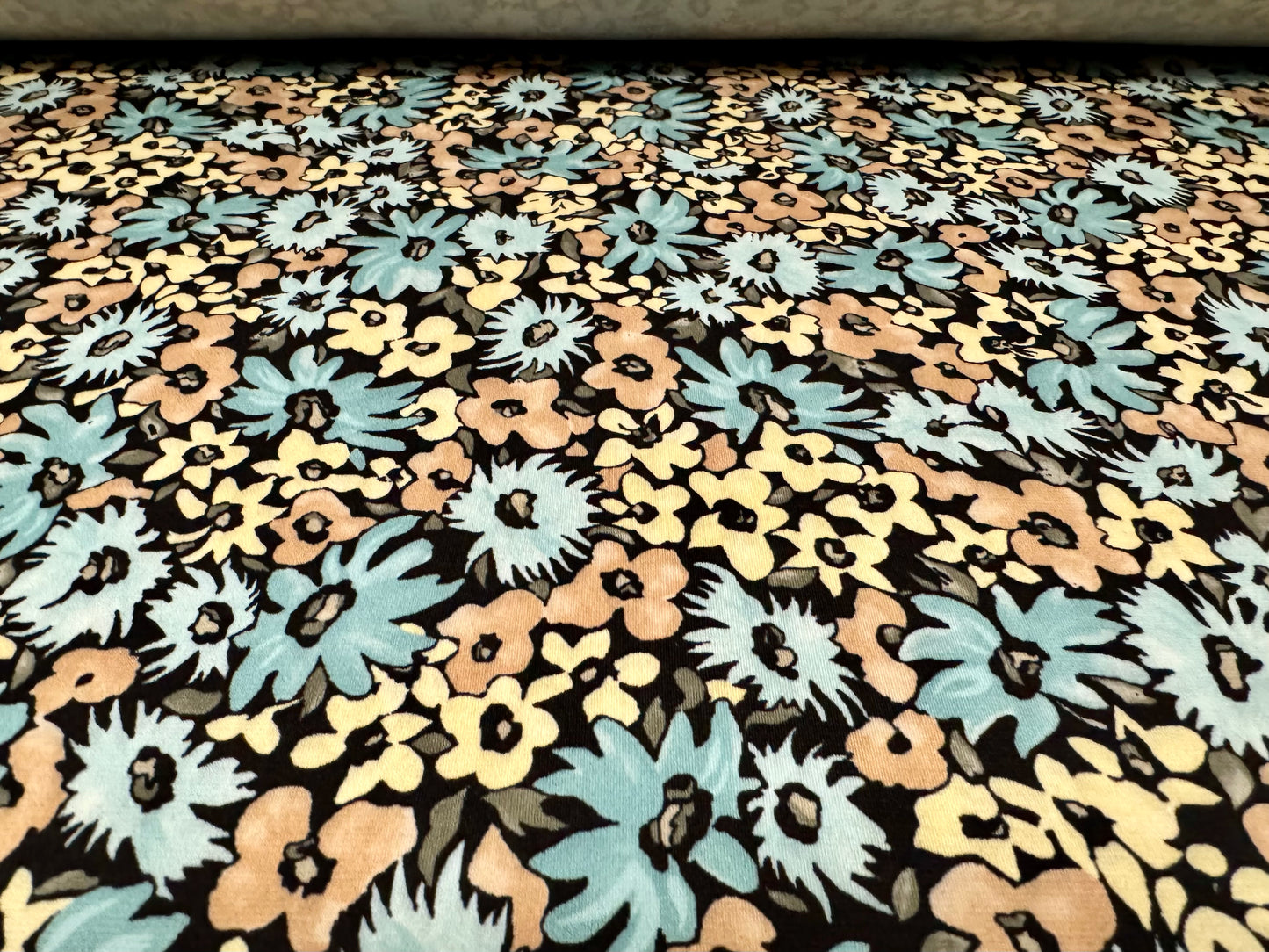 ITY stretch spandex single jersey fabric, per metre - gerbera flower print - duck egg & cream
