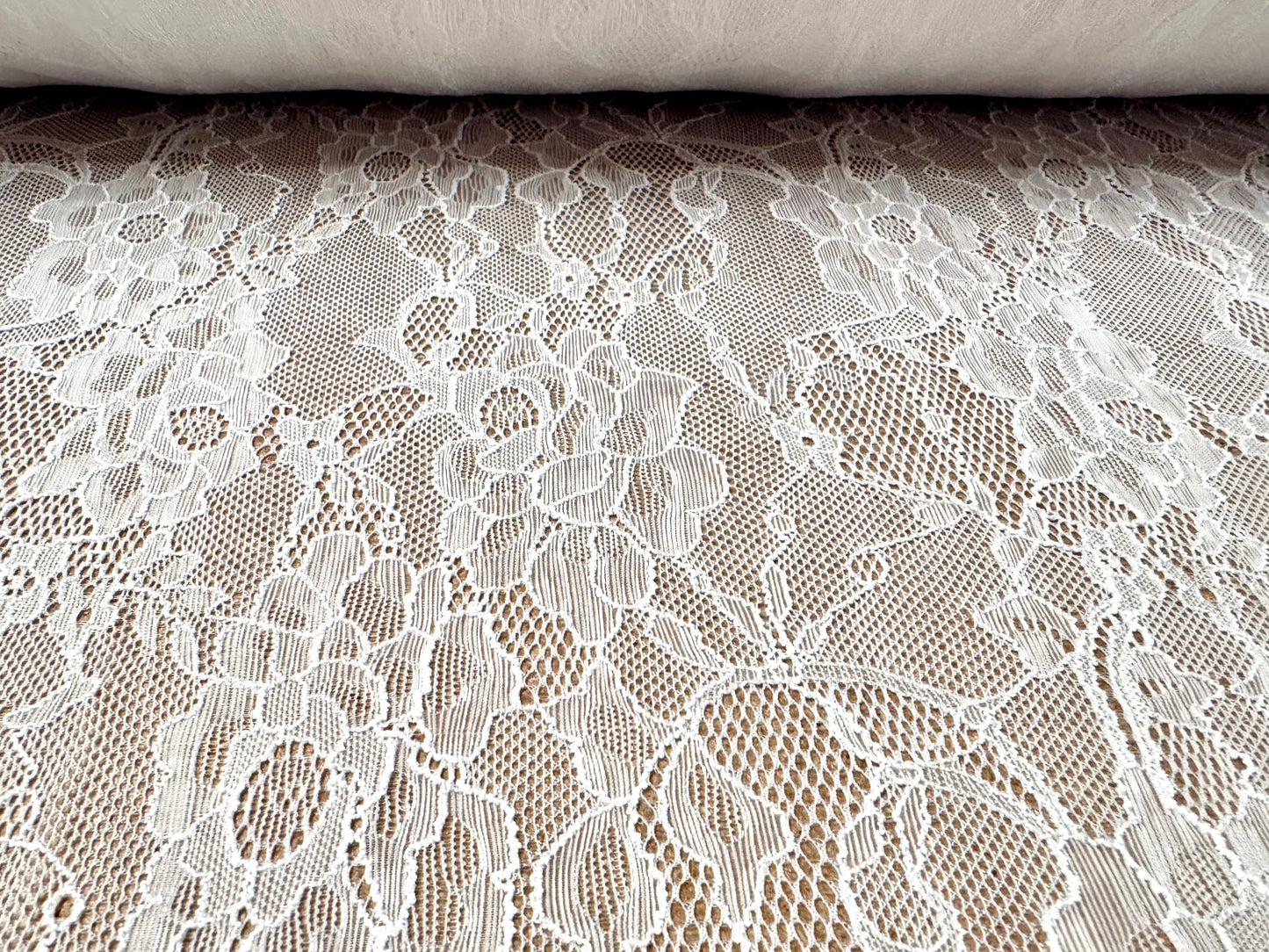 Stretch spandex lace fabric, per metre - flower design - ivory