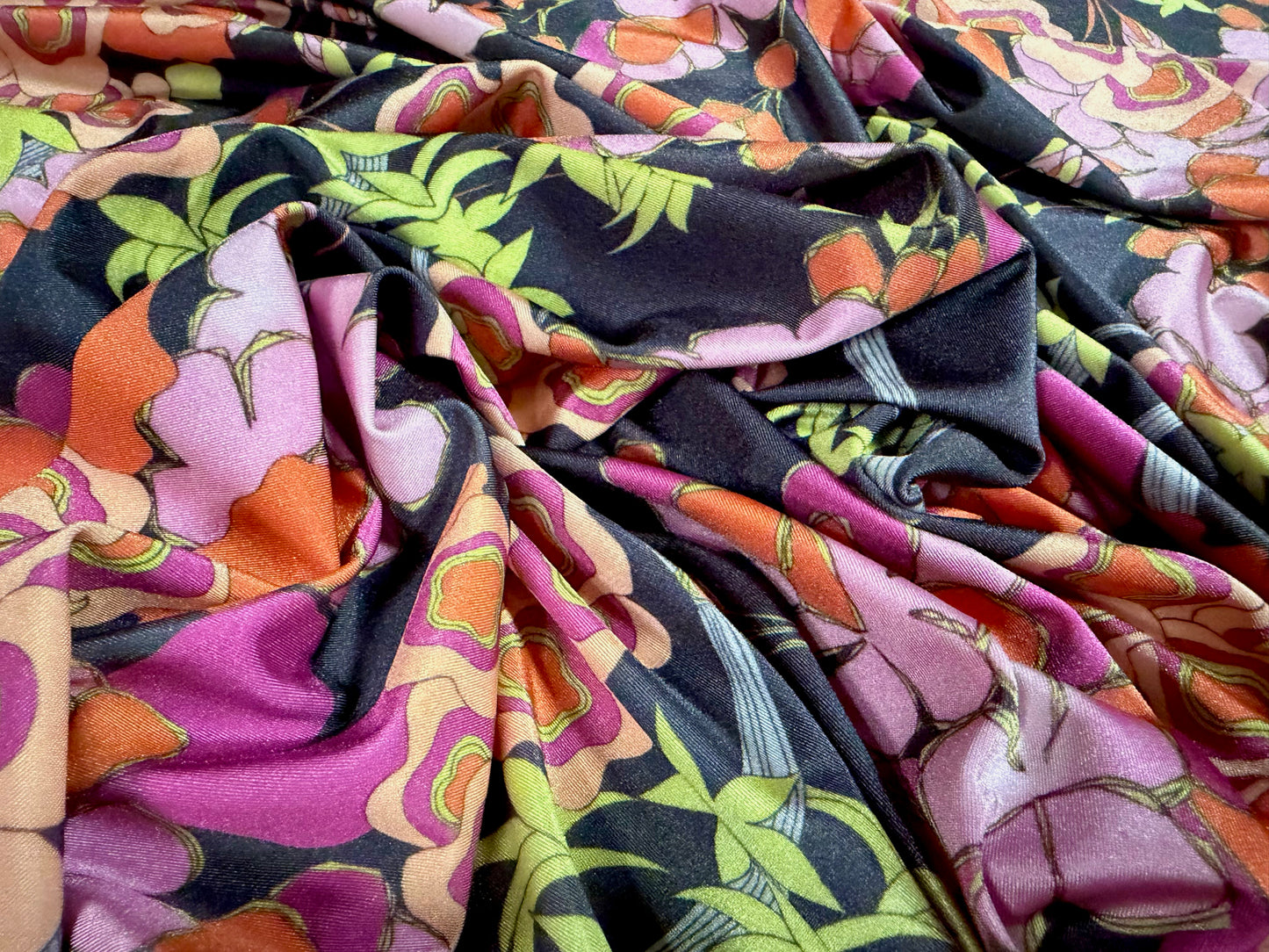 Swimwear stretch spandex jersey fabric, per metre - retro floral print - black peach & pink