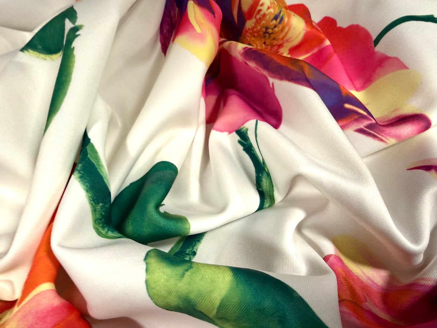 Scuba stretch spandex double jersey fabric, per metre - flower print - white & magenta