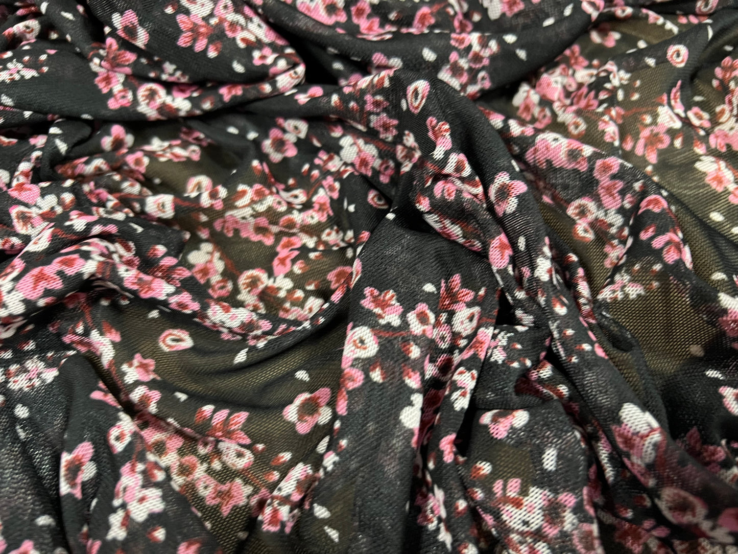 Power mesh net sheer stretch spandex fabric, per metre - Ditsy flower print - black & pink
