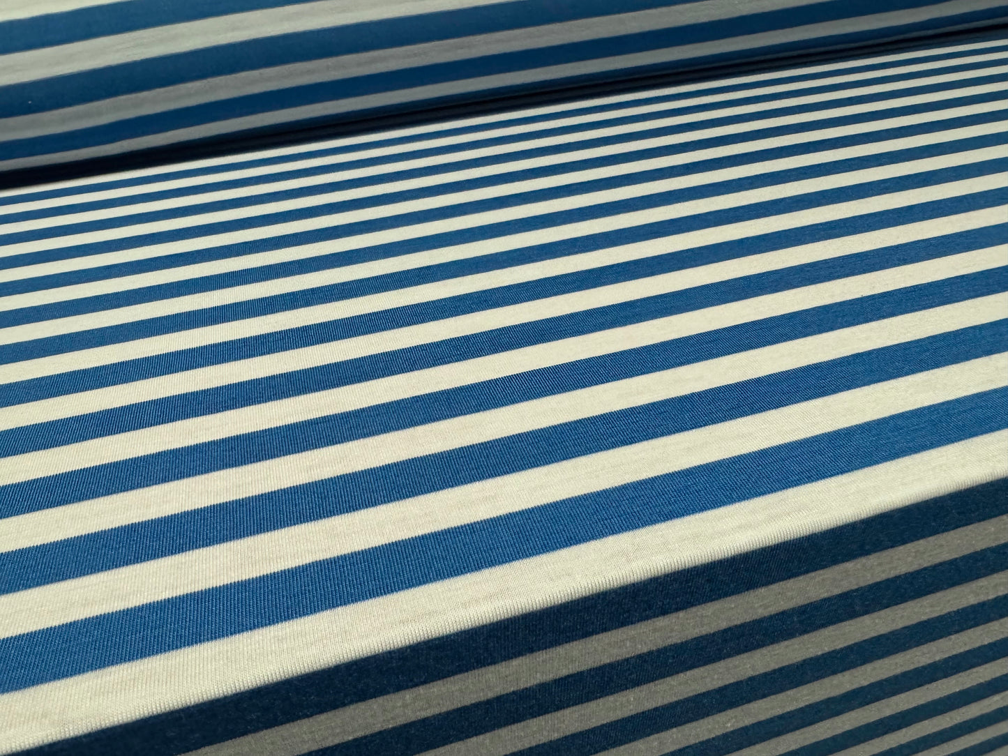 Viscose spandex stretch single jersey fabric, per metre - stripe - cerulean blue & white